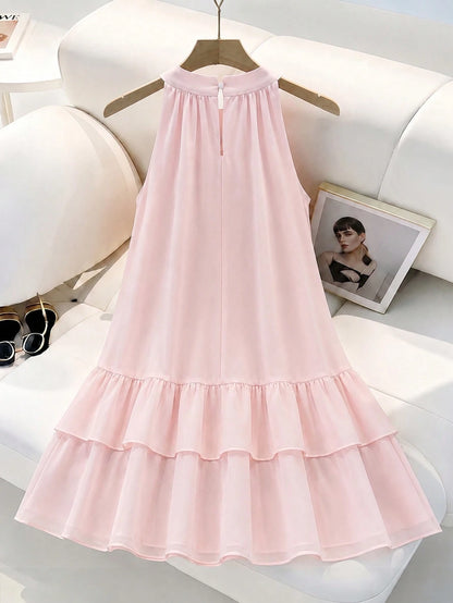 Elenzga Women's Sleeveless Tie-Front Bow Chiffon Dress,Elegant Baby Pink Summer Ruffled Layered Hem Dress,Classy Wedding Party Outfit,Versatile Casual Wear