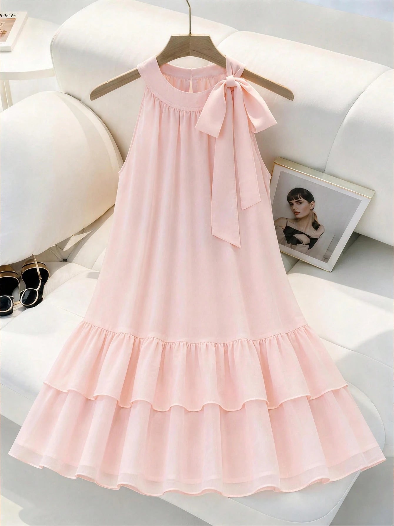 Elenzga Women's Sleeveless Tie-Front Bow Chiffon Dress,Elegant Baby Pink Summer Ruffled Layered Hem Dress,Classy Wedding Party Outfit,Versatile Casual Wear