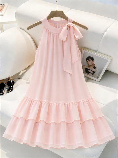 Elenzga Women's Sleeveless Tie-Front Bow Chiffon Dress,Elegant Baby Pink Summer Ruffled Layered Hem Dress,Classy Wedding Party Outfit,Versatile Casual Wear