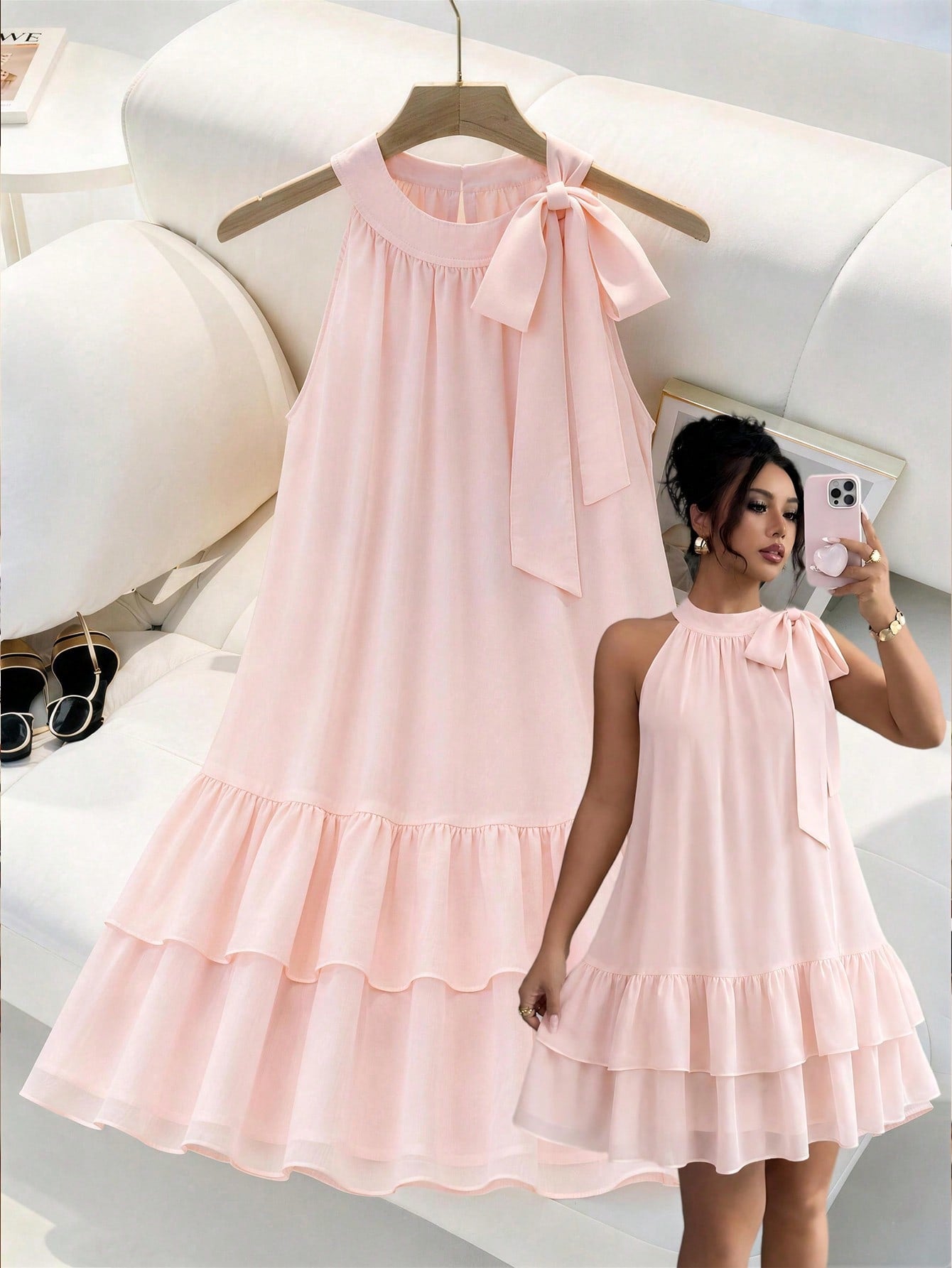 Elenzga Women's Sleeveless Tie-Front Bow Chiffon Dress,Elegant Baby Pink Summer Ruffled Layered Hem Dress,Classy Wedding Party Outfit,Versatile Casual Wear