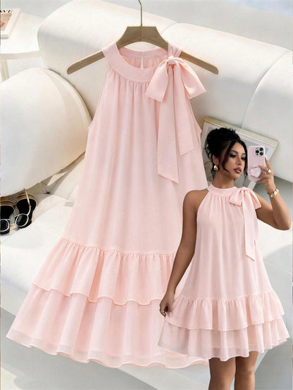 Elenzga Women's Sleeveless Tie-Front Bow Chiffon Dress,Elegant Baby Pink Summer Ruffled Layered Hem Dress,Classy Wedding Party Outfit,Versatile Casual Wear