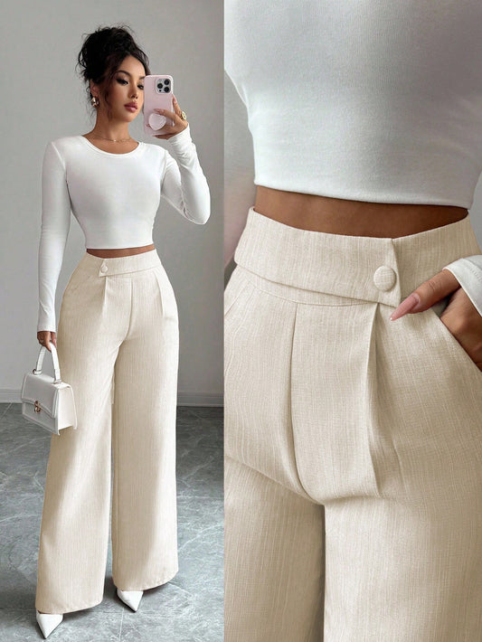 Elenzga Women's White Summer Elegant Office Pants,Bamboo Fabric Waist Overlay Button Decor Professional Casual Loose Flowy Straight Leg Teacher Uniform