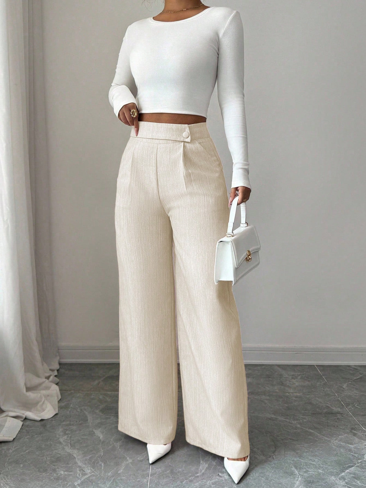 Elenzga Women's White Summer Elegant Office Pants,Bamboo Fabric Waist Overlay Button Decor Professional Casual Loose Flowy Straight Leg Teacher Uniform