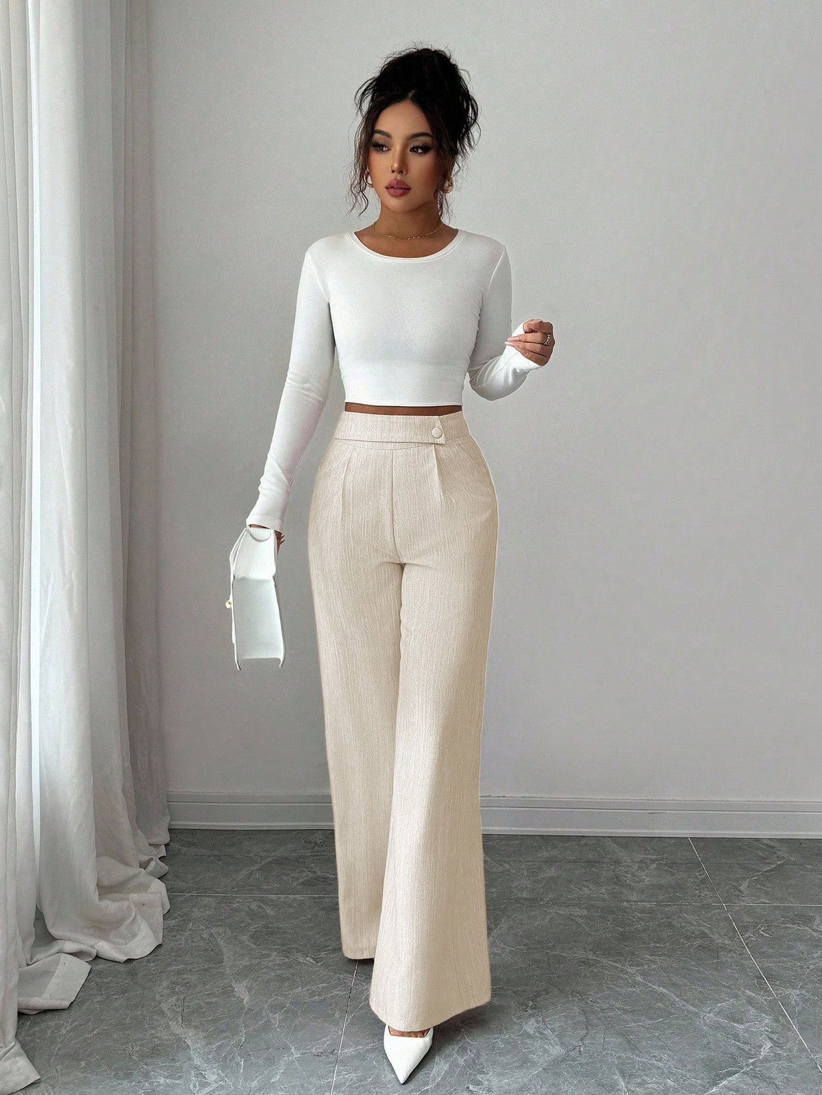 Elenzga Women's White Summer Elegant Office Pants,Bamboo Fabric Waist Overlay Button Decor Professional Casual Loose Flowy Straight Leg Teacher Uniform