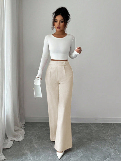 Elenzga Women's White Summer Elegant Office Pants,Bamboo Fabric Waist Overlay Button Decor Professional Casual Loose Flowy Straight Leg Teacher Uniform