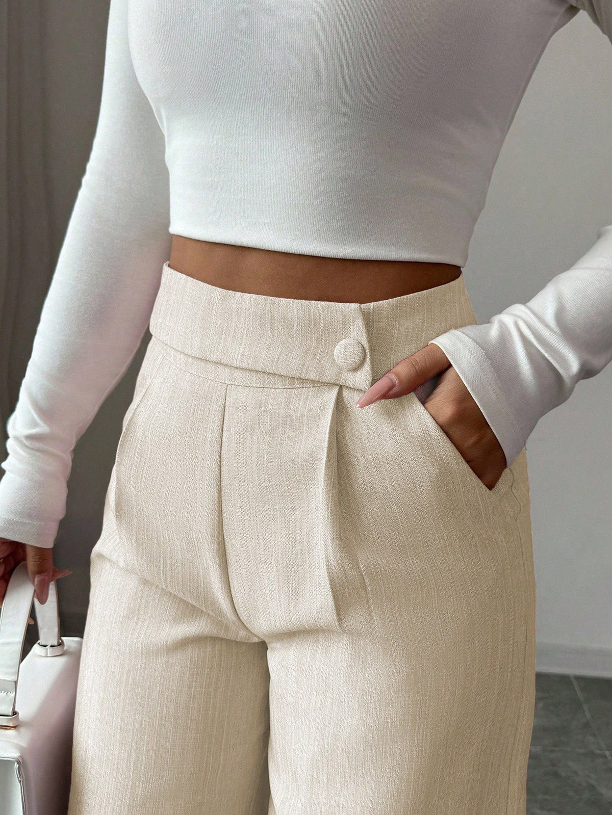 Elenzga Women's White Summer Elegant Office Pants,Bamboo Fabric Waist Overlay Button Decor Professional Casual Loose Flowy Straight Leg Teacher Uniform