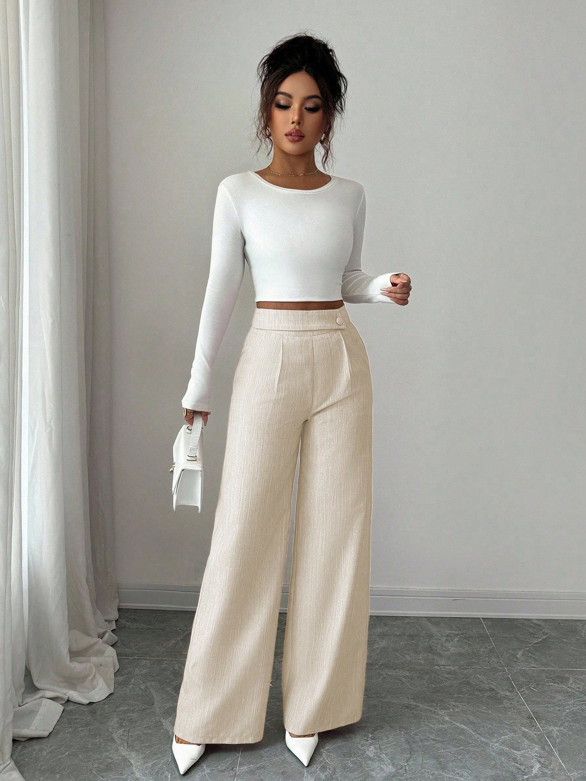 Elenzga Women's White Summer Elegant Office Pants,Bamboo Fabric Waist Overlay Button Decor Professional Casual Loose Flowy Straight Leg Teacher Uniform