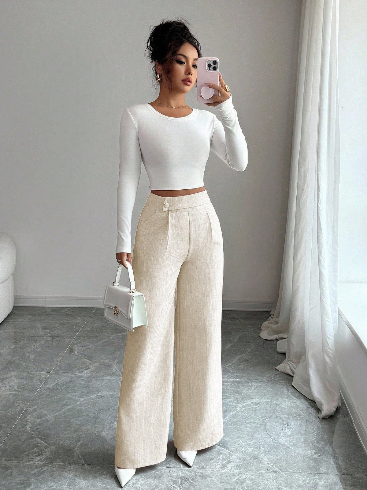 Elenzga Women's White Summer Elegant Office Pants,Bamboo Fabric Waist Overlay Button Decor Professional Casual Loose Flowy Straight Leg Teacher Uniform