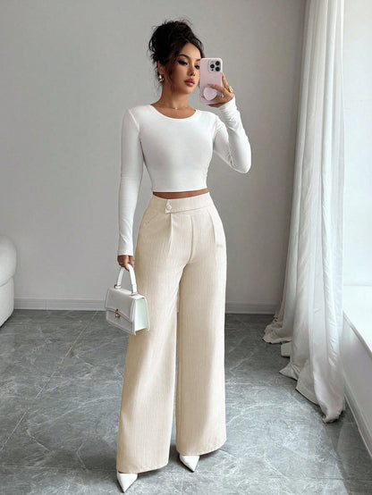 Elenzga Women's White Summer Elegant Office Pants,Bamboo Fabric Waist Overlay Button Decor Professional Casual Loose Flowy Straight Leg Teacher Uniform