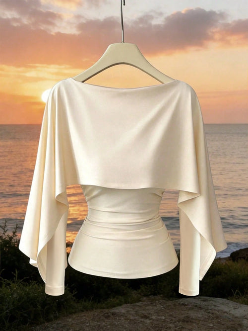 Elenzya New Design Women's Shawl Collar Long Sleeve Elastic Knit Top, Elegant Everyday Versatile Fitted Slim Fit T-Shirt