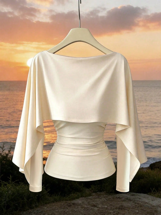 Elenzya New Design Women's Shawl Collar Long Sleeve Elastic Knit Top, Elegant Everyday Versatile Fitted Slim Fit T-Shirt