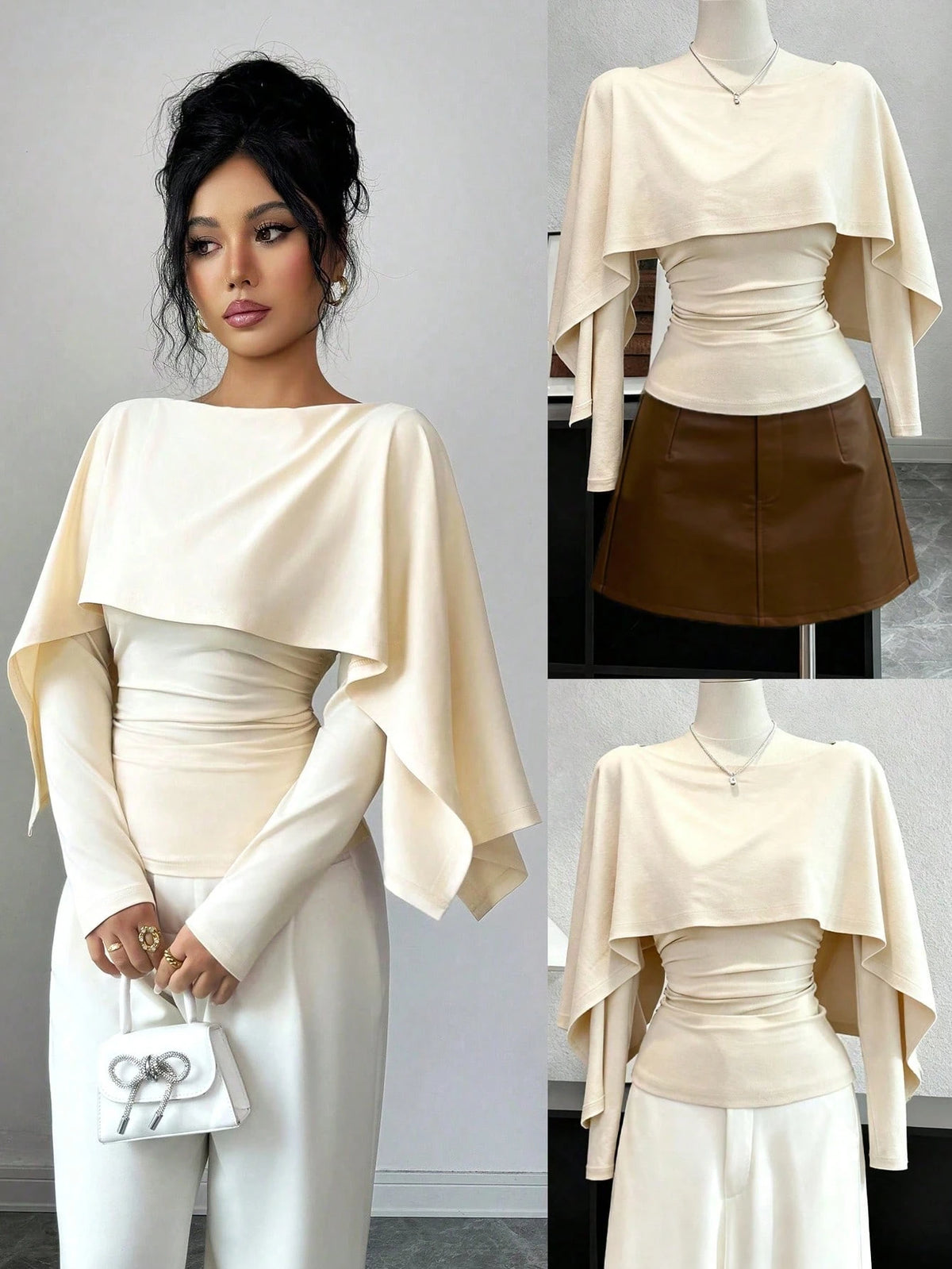 Elenzya New Design Women's Shawl Collar Long Sleeve Elastic Knit Top, Elegant Everyday Versatile Fitted Slim Fit T-Shirt