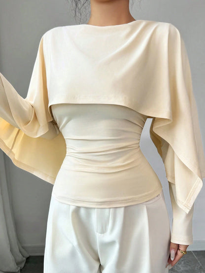 Elenzya New Design Women's Shawl Collar Long Sleeve Elastic Knit Top, Elegant Everyday Versatile Fitted Slim Fit T-Shirt