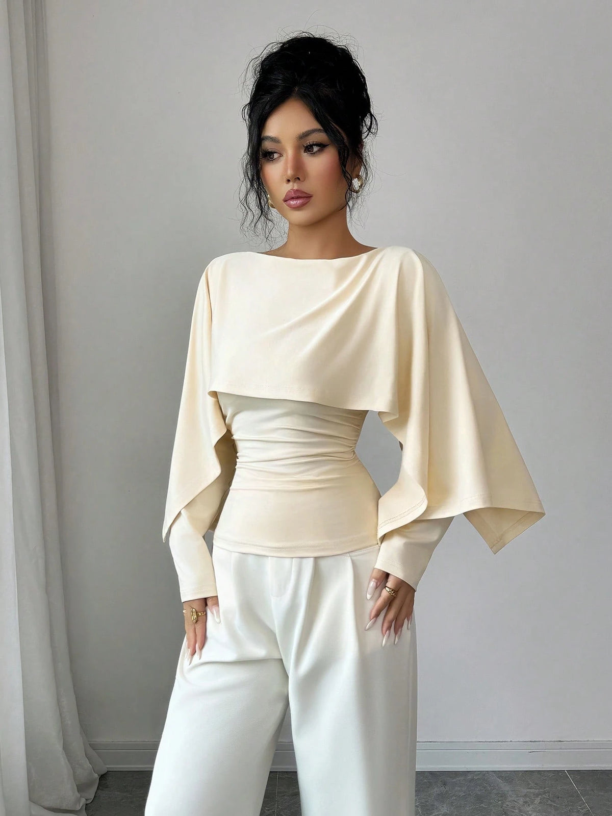 Elenzya New Design Women's Shawl Collar Long Sleeve Elastic Knit Top, Elegant Everyday Versatile Fitted Slim Fit T-Shirt