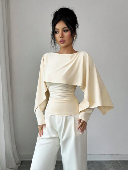 Elenzya New Design Women's Shawl Collar Long Sleeve Elastic Knit Top, Elegant Everyday Versatile Fitted Slim Fit T-Shirt