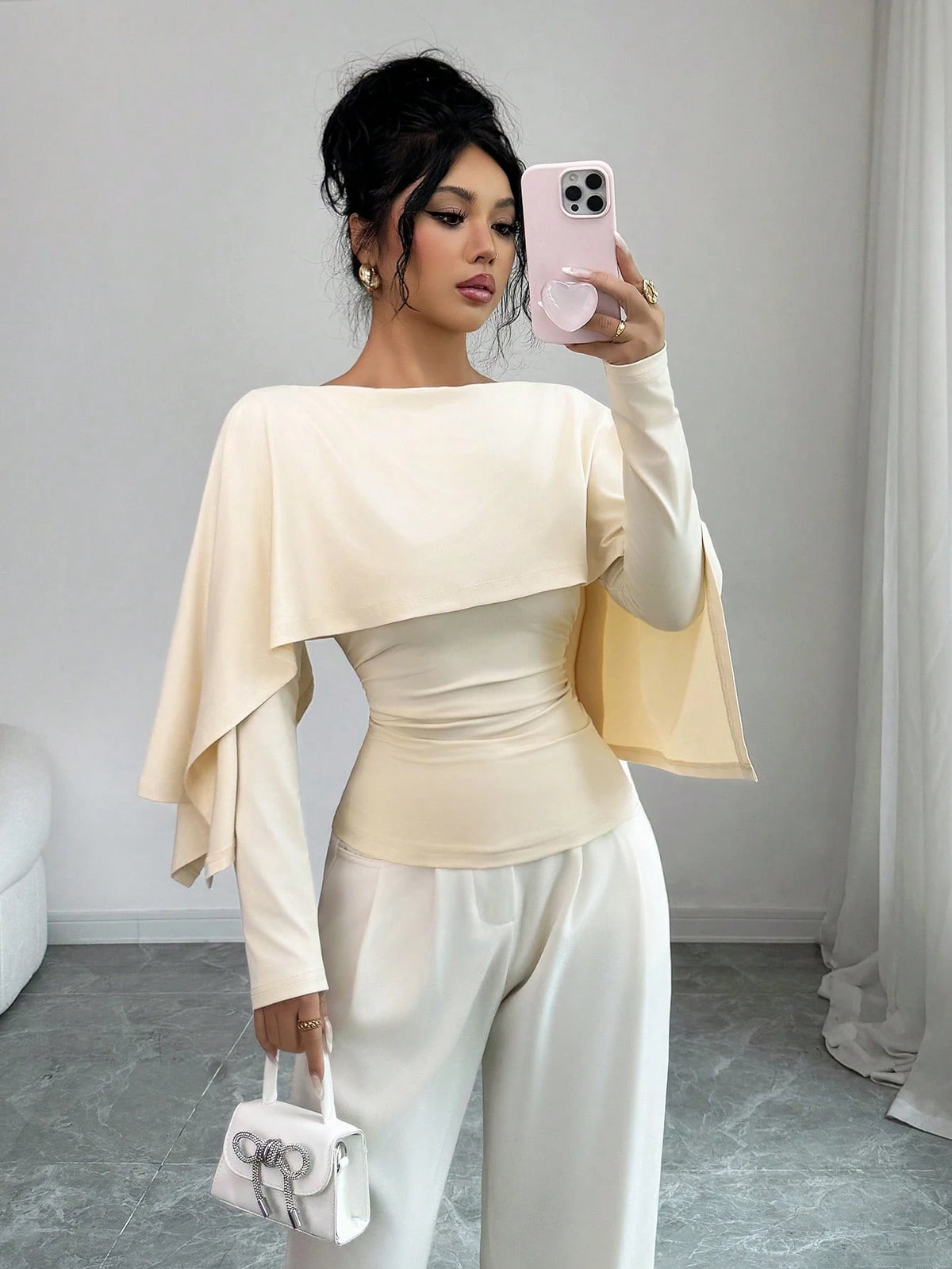 Elenzya New Design Women's Shawl Collar Long Sleeve Elastic Knit Top, Elegant Everyday Versatile Fitted Slim Fit T-Shirt