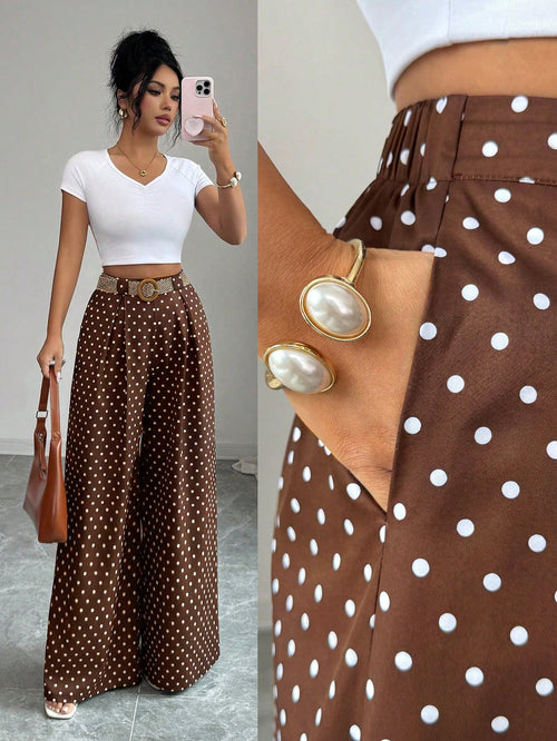 Elenzya Summer Elegant Brown And White Polka Dot Culottes,High-Waisted Vacation Brunch Pants For Women,Daily Work Wear,Graduation,Music Festival,Derby