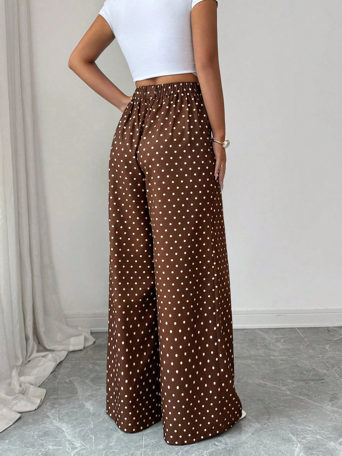 Elenzya Summer Elegant Brown And White Polka Dot Culottes,High-Waisted Vacation Brunch Pants For Women,Daily Work Wear,Graduation,Music Festival,Derby