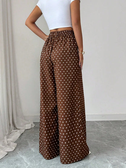 Elenzya Summer Elegant Brown And White Polka Dot Culottes,High-Waisted Vacation Brunch Pants For Women,Daily Work Wear,Graduation,Music Festival,Derby