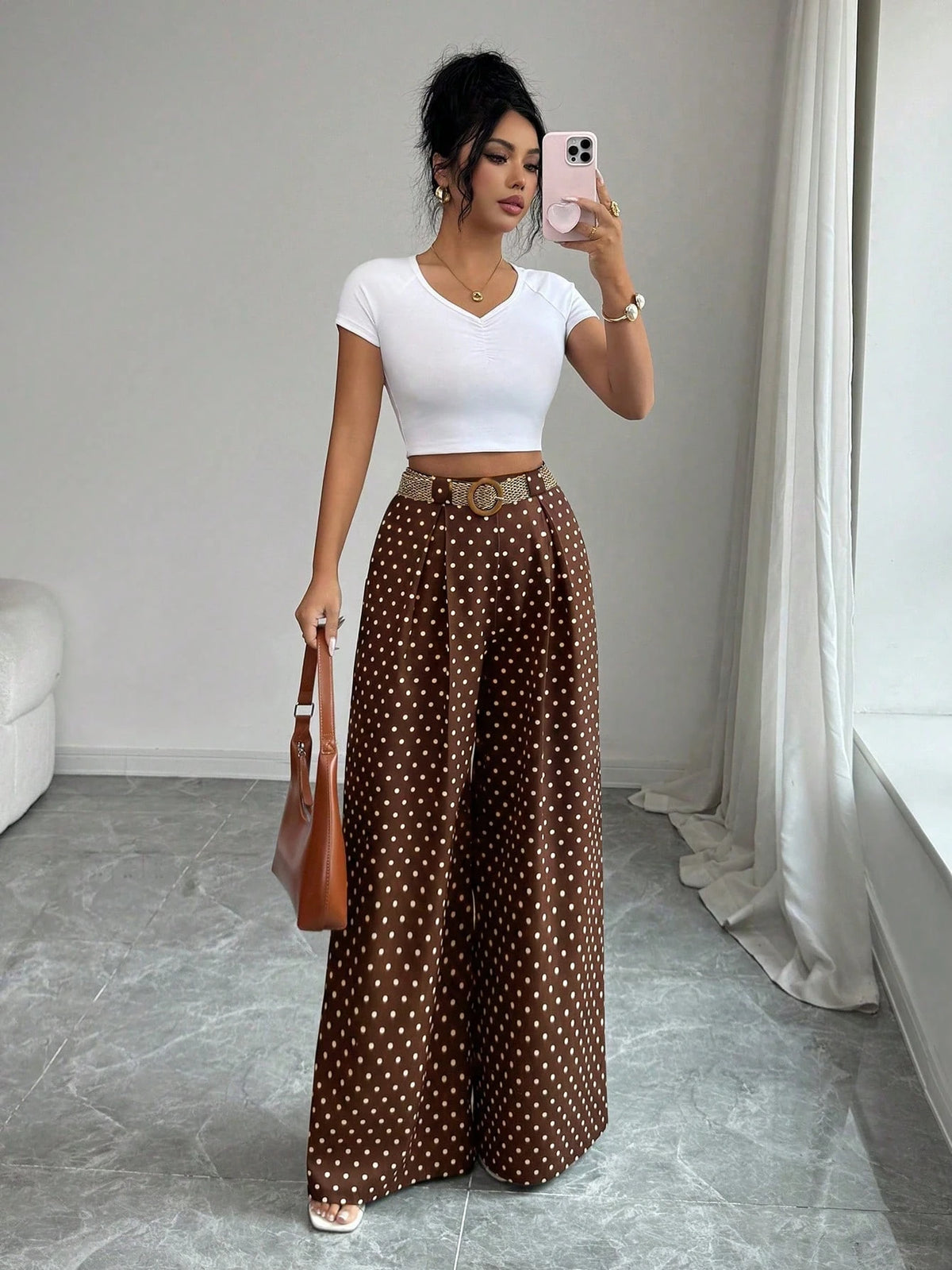 Elenzya Summer Elegant Brown And White Polka Dot Culottes,High-Waisted Vacation Brunch Pants For Women,Daily Work Wear,Graduation,Music Festival,Derby