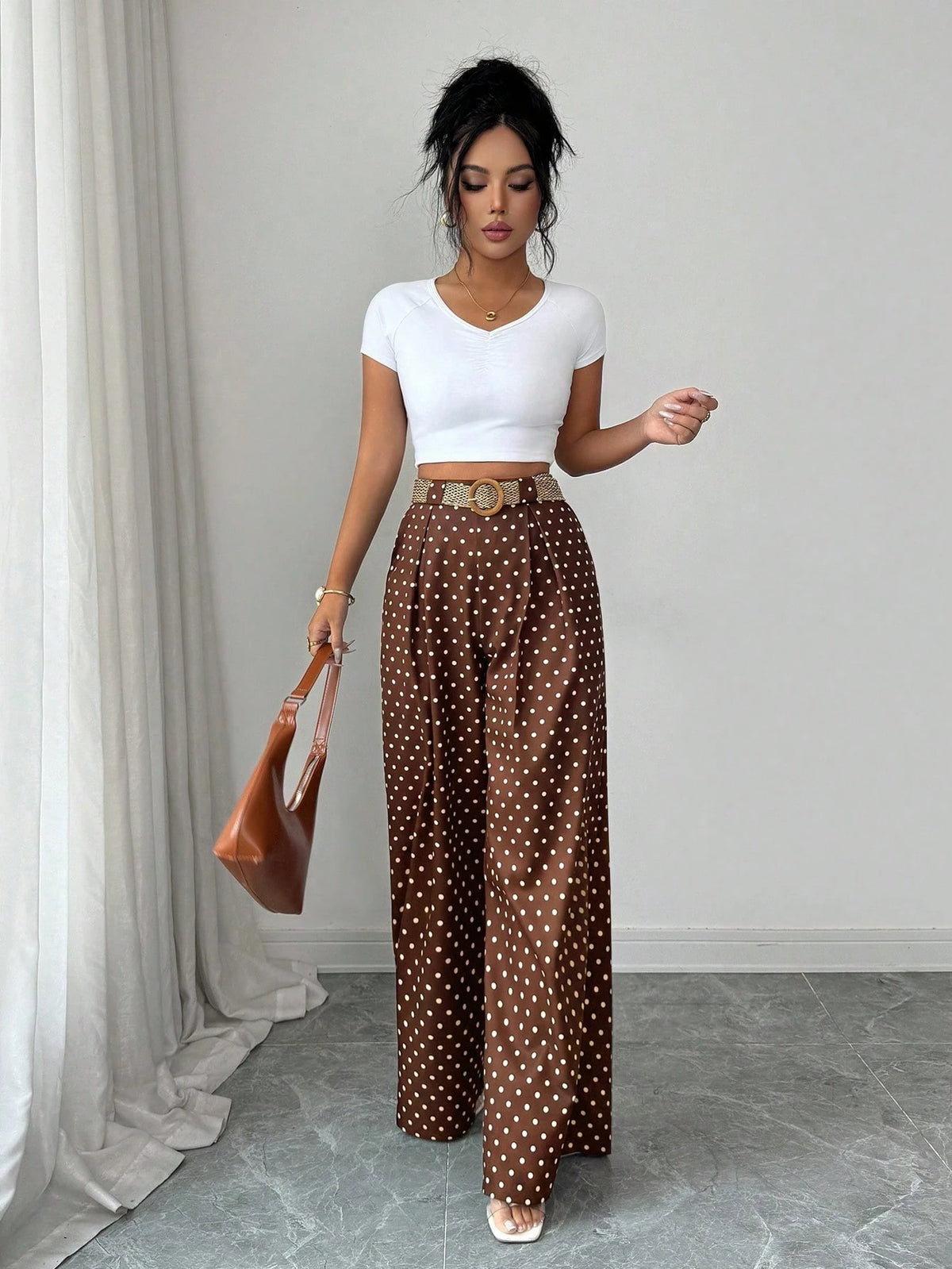 Elenzya Summer Elegant Brown And White Polka Dot Culottes,High-Waisted Vacation Brunch Pants For Women,Daily Work Wear,Graduation,Music Festival,Derby