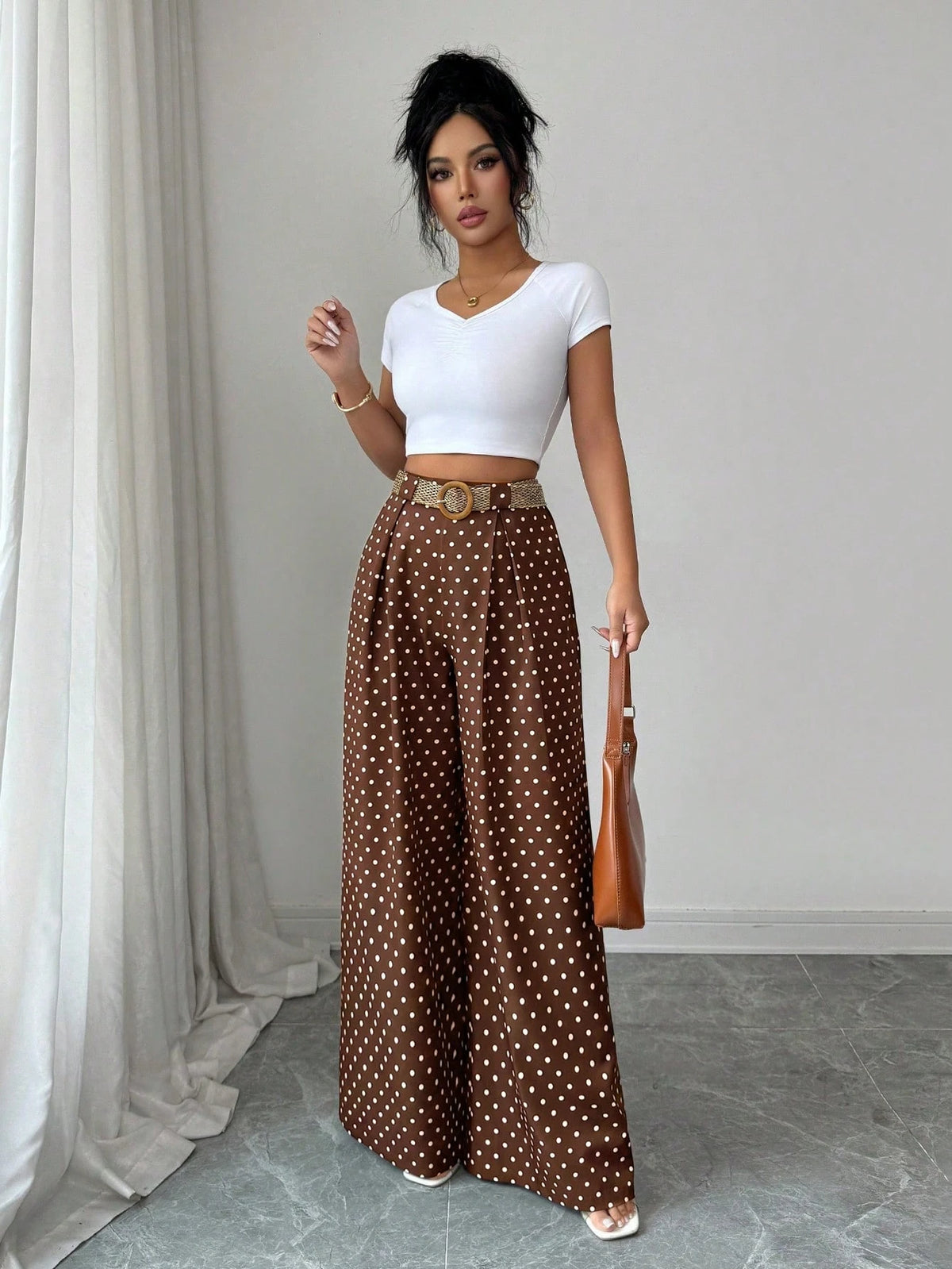 Elenzya Summer Elegant Brown And White Polka Dot Culottes,High-Waisted Vacation Brunch Pants For Women,Daily Work Wear,Graduation,Music Festival,Derby