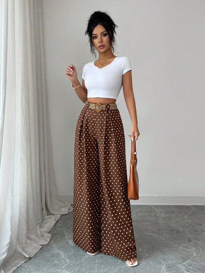 Elenzya Summer Elegant Brown And White Polka Dot Culottes,High-Waisted Vacation Brunch Pants For Women,Daily Work Wear,Graduation,Music Festival,Derby