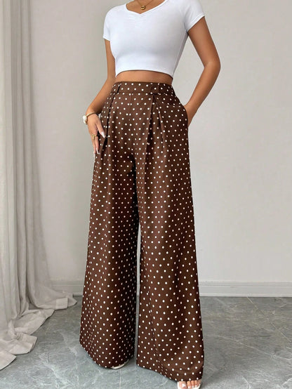 Elenzya Summer Elegant Brown And White Polka Dot Culottes,High-Waisted Vacation Brunch Pants For Women,Daily Work Wear,Graduation,Music Festival,Derby