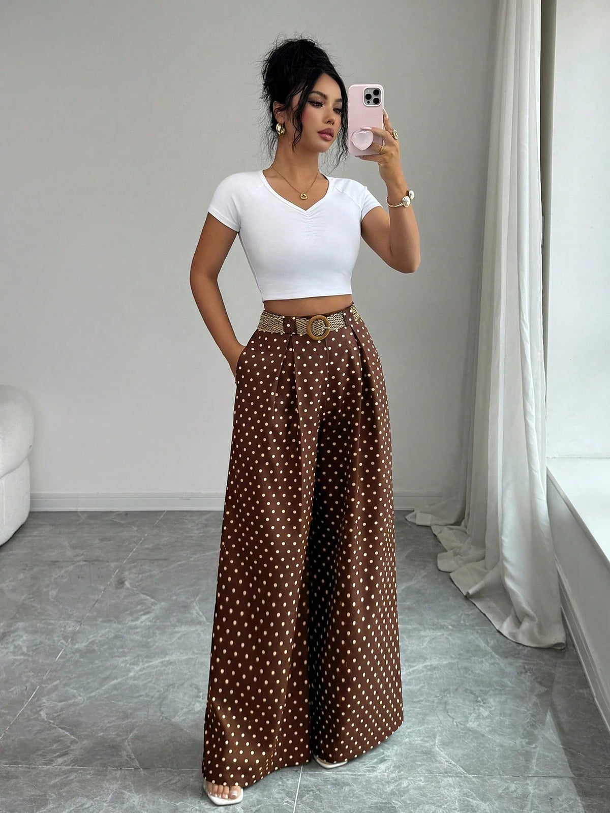 Elenzya Summer Elegant Brown And White Polka Dot Culottes,High-Waisted Vacation Brunch Pants For Women,Daily Work Wear,Graduation,Music Festival,Derby