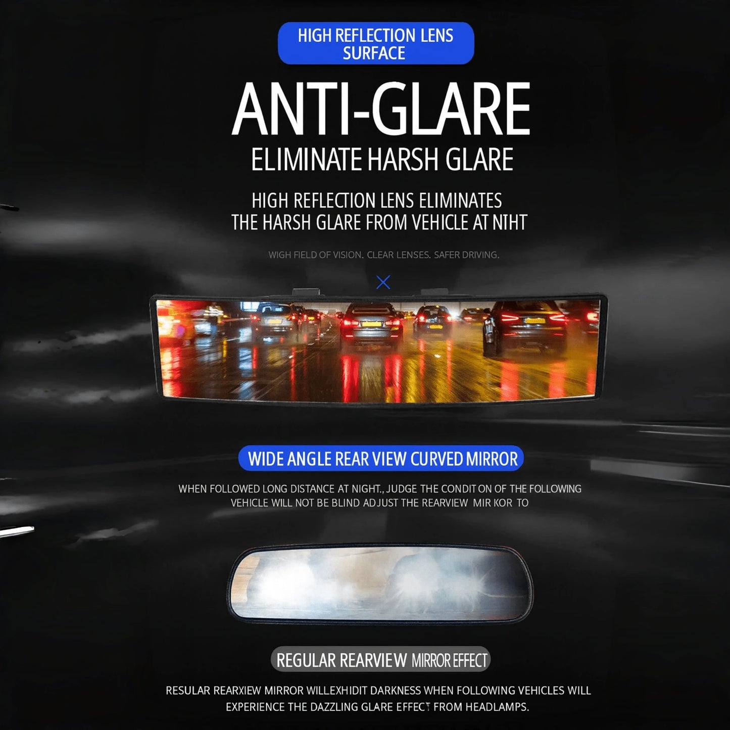 Eliminate Blind Spots: Extra Wide Convex Rearview Mirror For Cars. Enhanced Visibility Interior Mirror With Easy Installation, Universal Fit For Sedans & SUVs