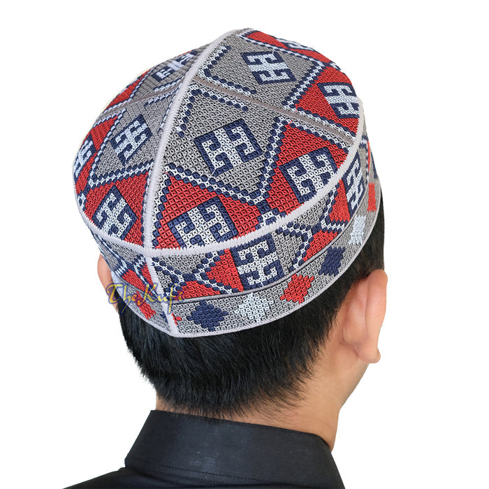 Embroidered Gray Ethnic Mosaic Silver Red Soft Lined Pakistani Style Topi Kufi