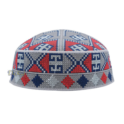 Embroidered Gray Ethnic Mosaic Silver Red Soft Lined Pakistani Style Topi Kufi