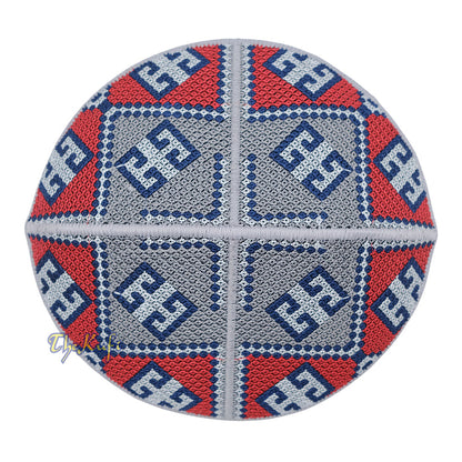 Embroidered Gray Ethnic Mosaic Silver Red Soft Lined Pakistani Style Topi Kufi