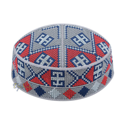 Embroidered Gray Ethnic Mosaic Silver Red Soft Lined Pakistani Style Topi Kufi