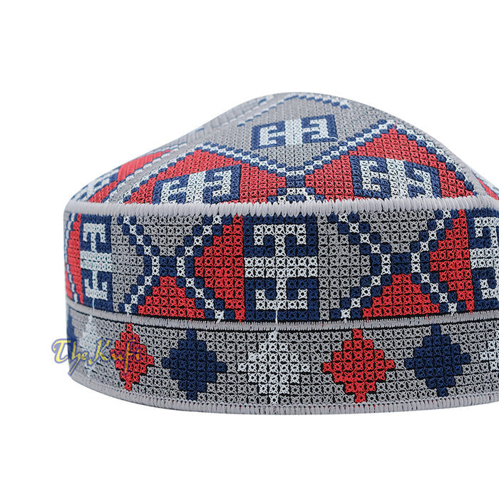 Embroidered Gray Ethnic Mosaic Silver Red Soft Lined Pakistani Style Topi Kufi