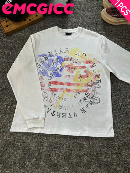 EMCGICC Y2k Long Sleeve Shirt, Urban Art Punk Graphic T-Shirt Cotton,Hip Hop Men's Fun Vintage Shirt, Regular Fit, Motocore Street, Digital Print, Ideal Gift