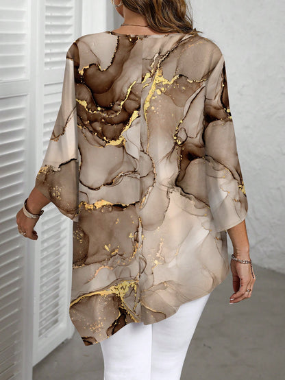 EMERY ROSE Casual Ink Marble Texture Pattern Round Neck Long Sleeve Plus Size Shirt, Suitable For Spring And Autumn Fall