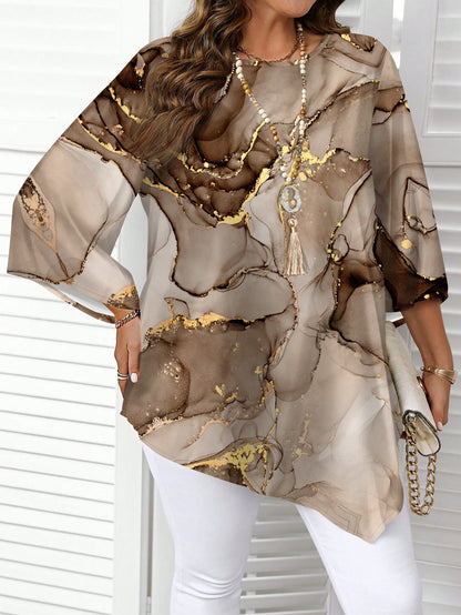 EMERY ROSE Casual Ink Marble Texture Pattern Round Neck Long Sleeve Plus Size Shirt, Suitable For Spring And Autumn Fall