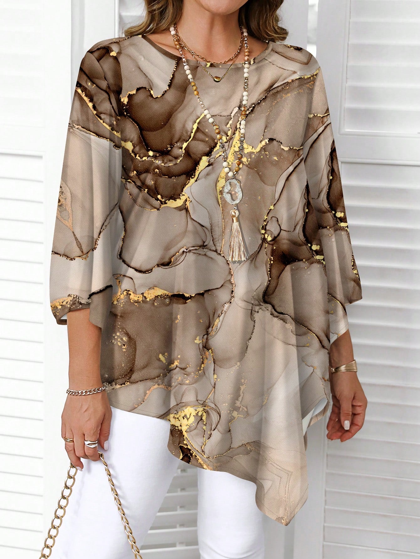 EMERY ROSE Casual Ink Marble Texture Pattern Round Neck Long Sleeve Plus Size Shirt, Suitable For Spring And Autumn Fall