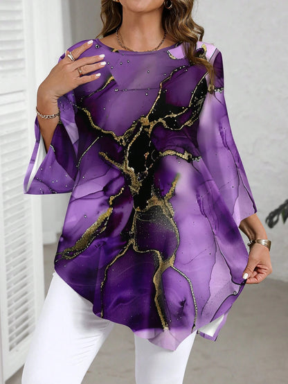EMERY ROSE Casual Ink Marble Texture Pattern Round Neck Long Sleeve Plus Size Shirt, Suitable For Spring And Autumn Fall