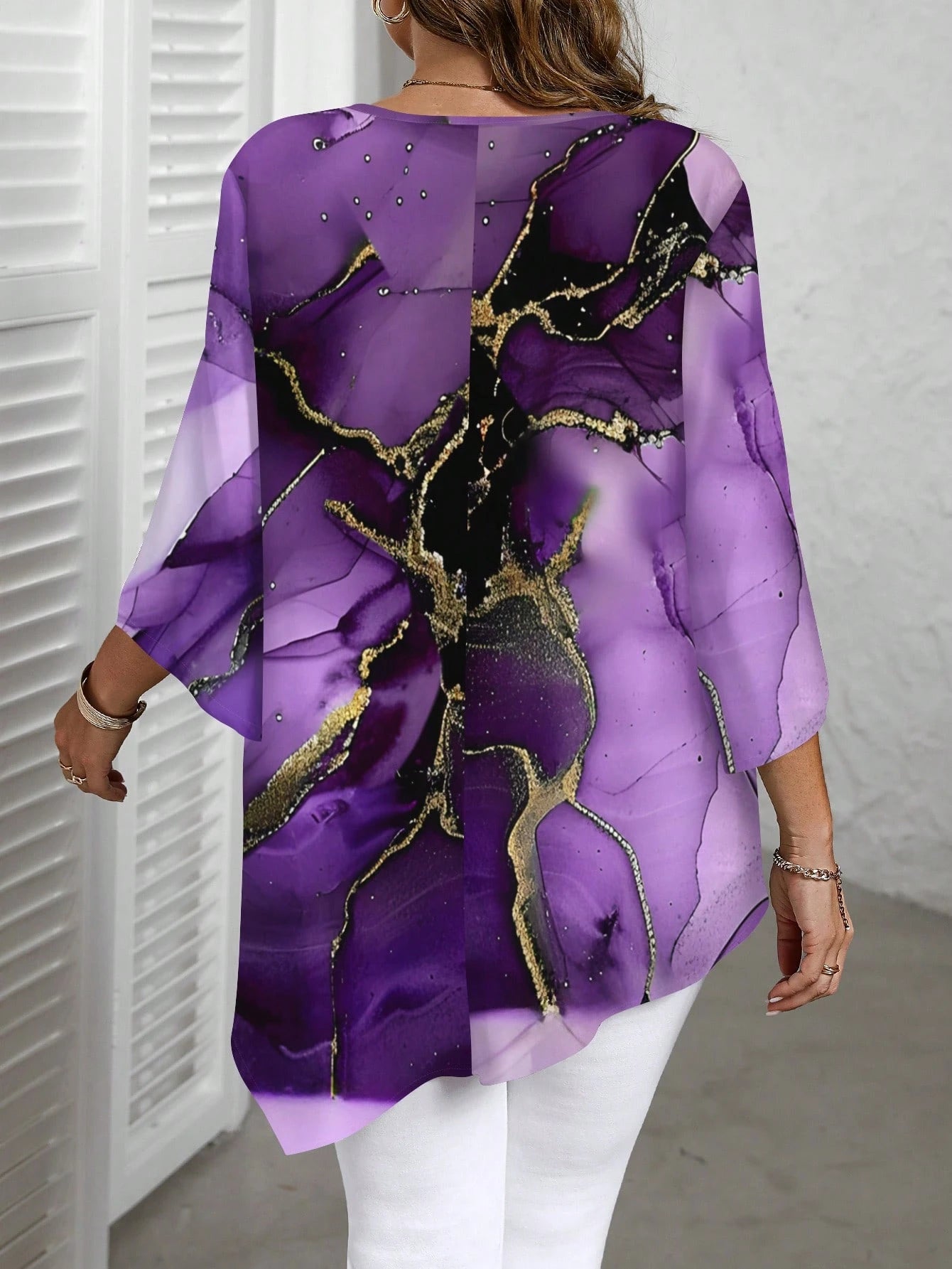 EMERY ROSE Casual Ink Marble Texture Pattern Round Neck Long Sleeve Plus Size Shirt, Suitable For Spring And Autumn Fall