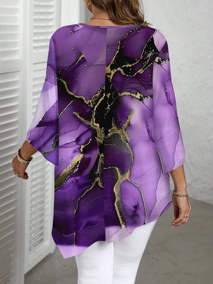 EMERY ROSE Casual Ink Marble Texture Pattern Round Neck Long Sleeve Plus Size Shirt, Suitable For Spring And Autumn Fall