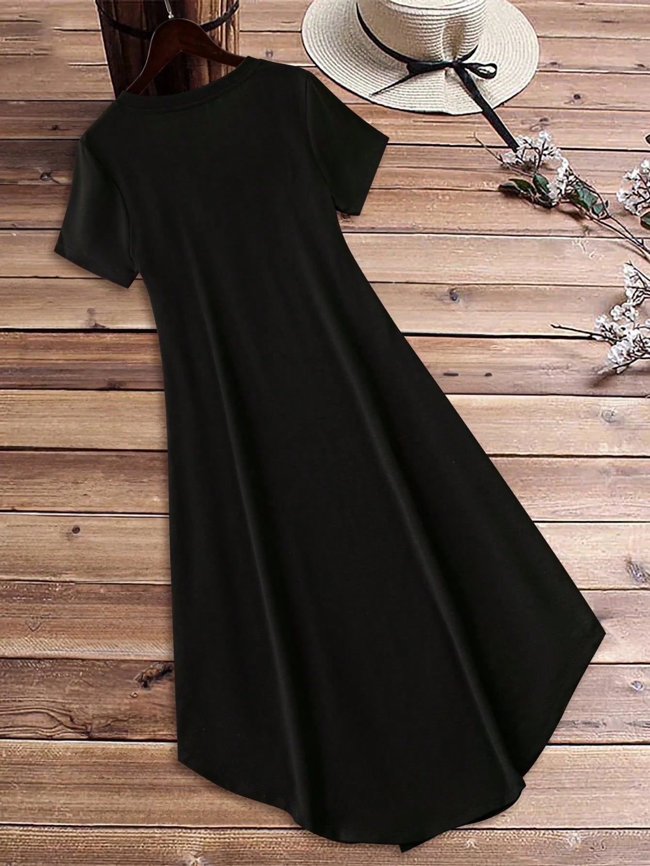 EMERY ROSE Casual Women's Loose V-Neck Short Sleeve Floral Print Long Dress Black Dress Suitable For Going Out Chic Dress,Casual