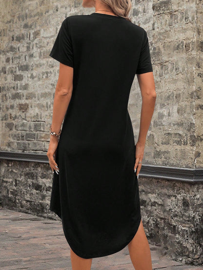 EMERY ROSE Casual Women's Loose V-Neck Short Sleeve Floral Print Long Dress Black Dress Suitable For Going Out Chic Dress,Casual