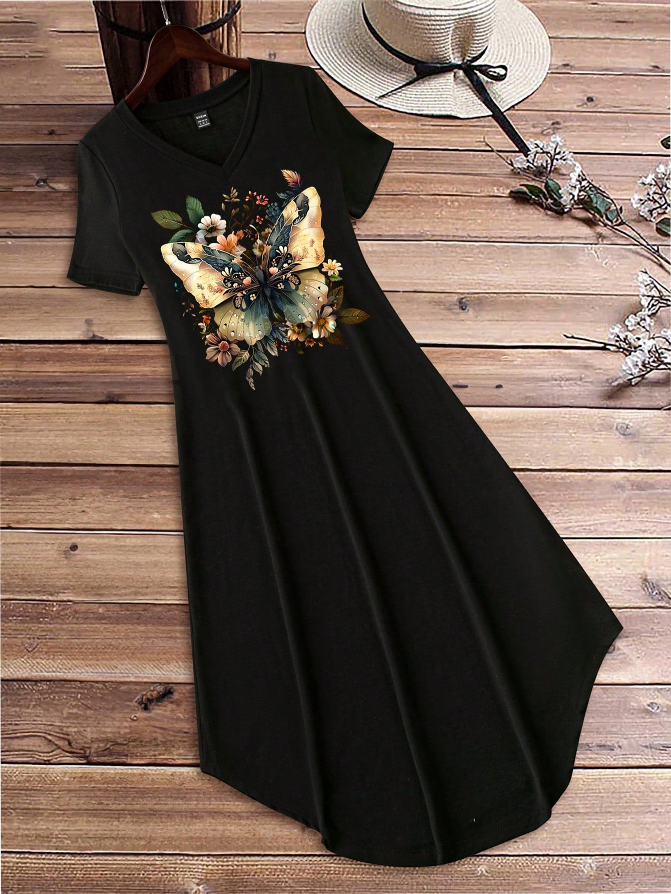 EMERY ROSE Casual Women's Loose V-Neck Short Sleeve Floral Print Long Dress Black Dress Suitable For Going Out Chic Dress,Casual