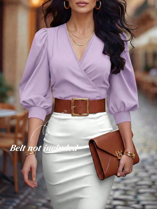 EMERY ROSE Chic Mauve Purple V Neck Wrap Blouse For Women Stylish Half Bishop Sleeve Top With Colorblock Design Crafted From Quality Woven Fabric