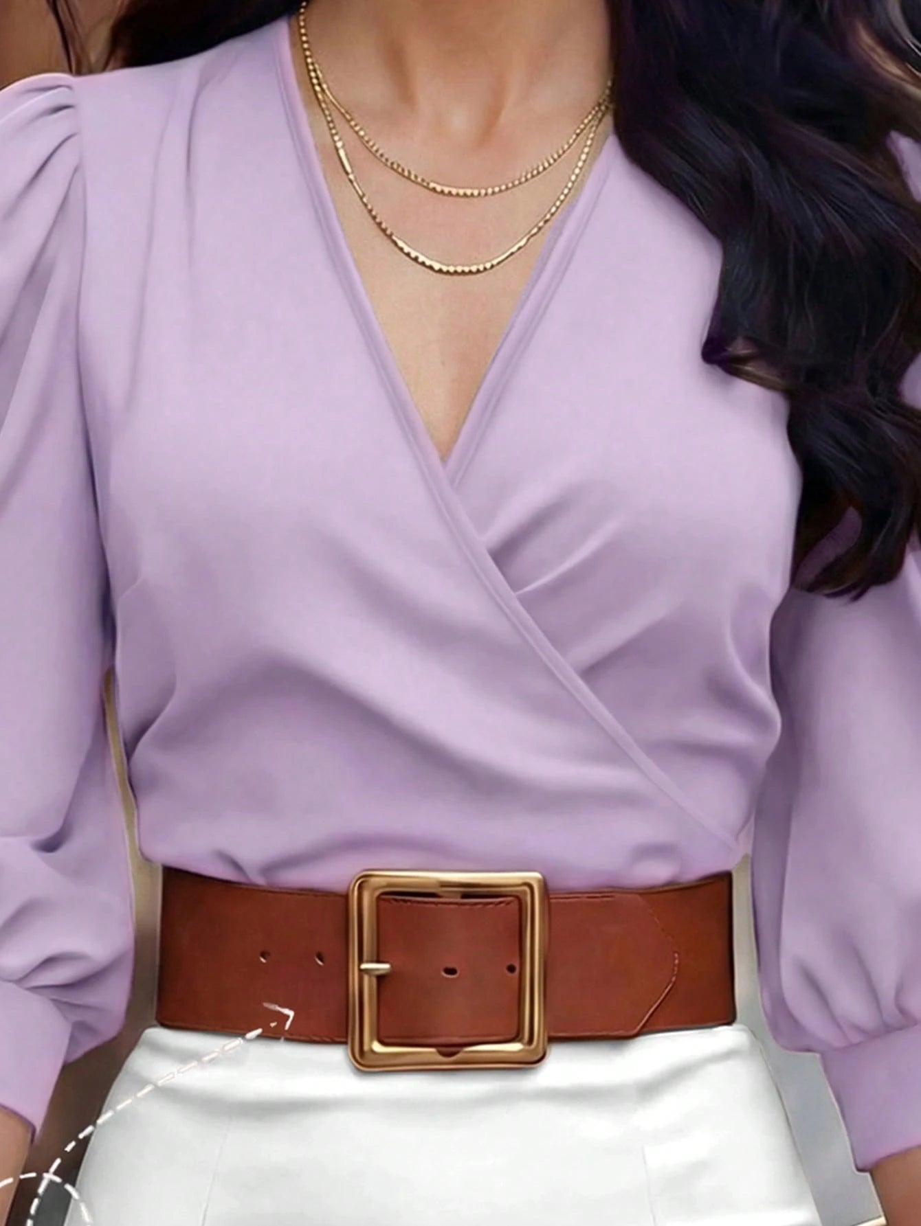 EMERY ROSE Chic Mauve Purple V Neck Wrap Blouse For Women Stylish Half Bishop Sleeve Top With Colorblock Design Crafted From Quality Woven Fabric