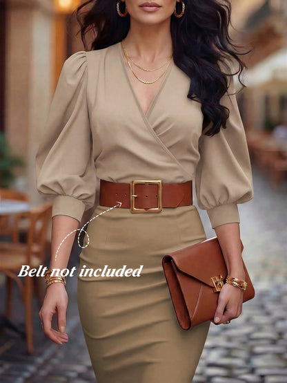 EMERY ROSE Chic Mauve Purple V Neck Wrap Blouse For Women Stylish Half Bishop Sleeve Top With Colorblock Design Crafted From Quality Woven Fabric