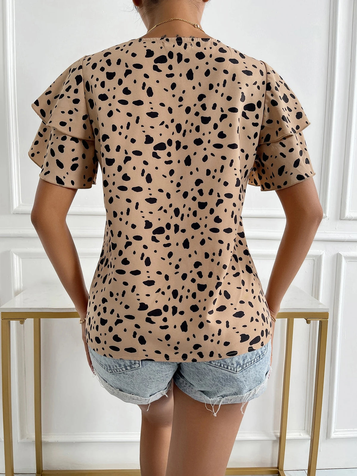 EMERY ROSE Dalmatian Print Butterfly Sleeve Blouse,Short Sleeve Tops