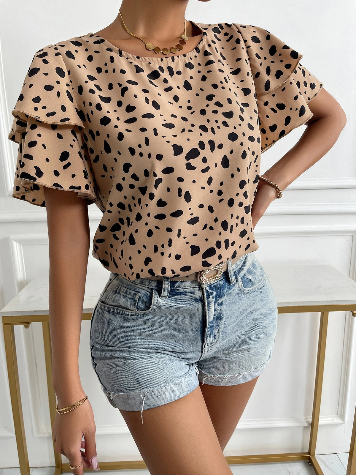 EMERY ROSE Dalmatian Print Butterfly Sleeve Blouse,Short Sleeve Tops